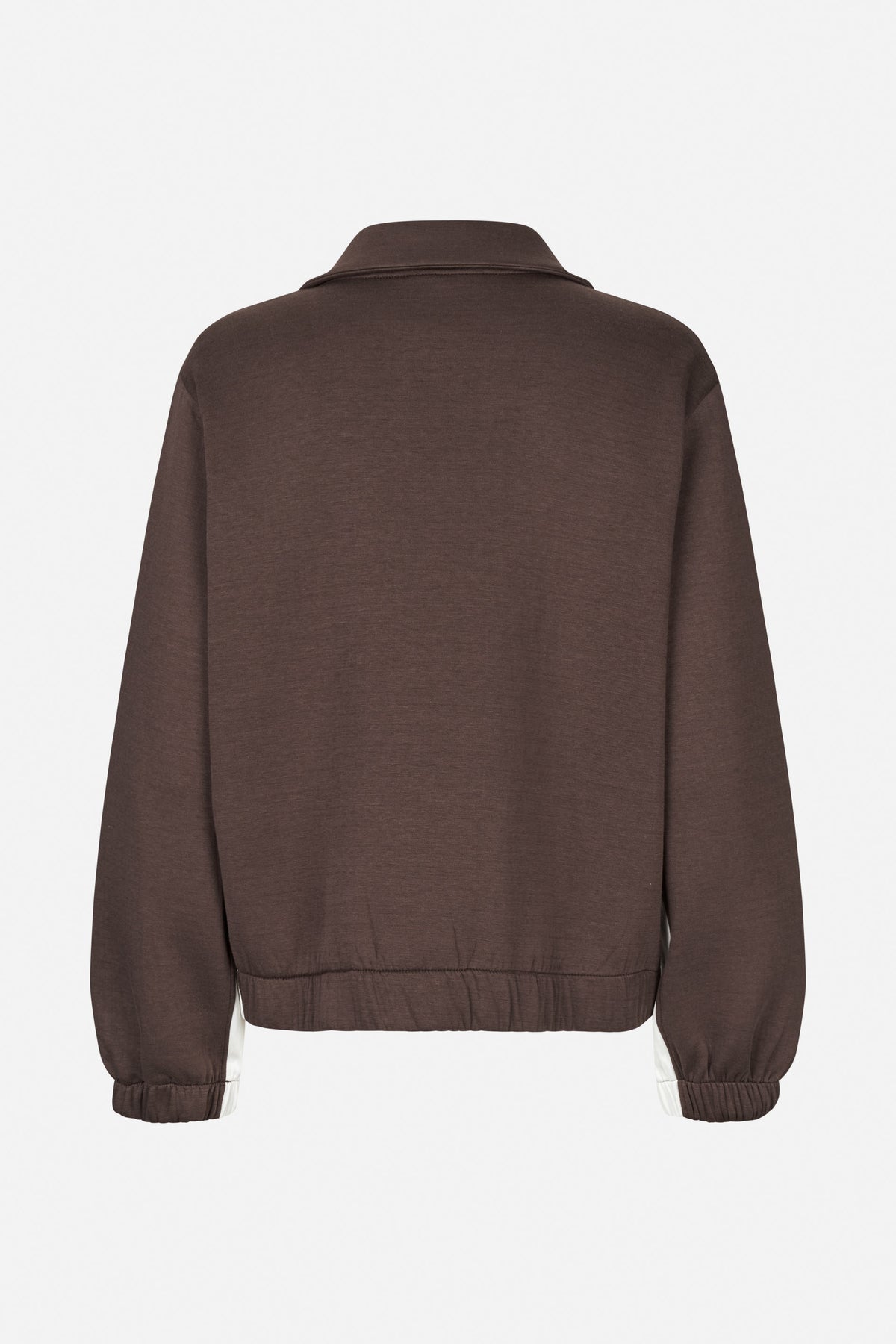 Back view of a dark brown long-sleeved top with a raised collar and gathered cuffs and hem