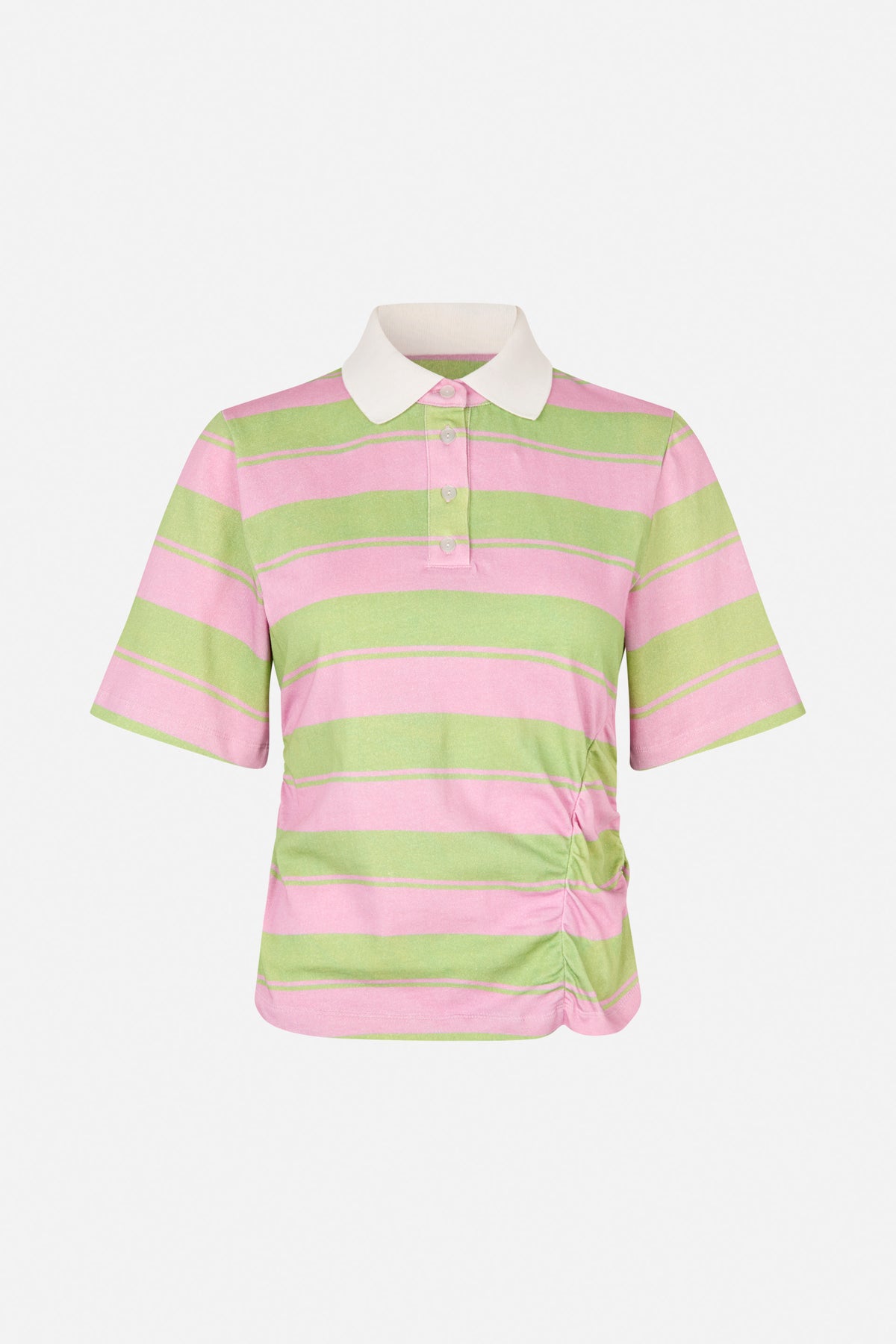 Vooraanzicht van een polo met korte mouwen, brede roze- en lichtgroene strepen, een witte puntkraag en een knoopsluiting.