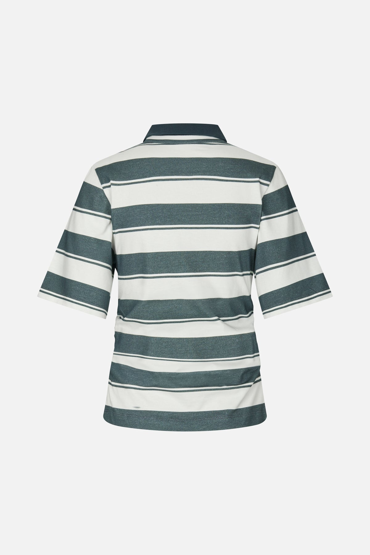 Back view of a short-sleeved polo shirt with broad dark green and white horizontal stripes and a dark ribbed collar.