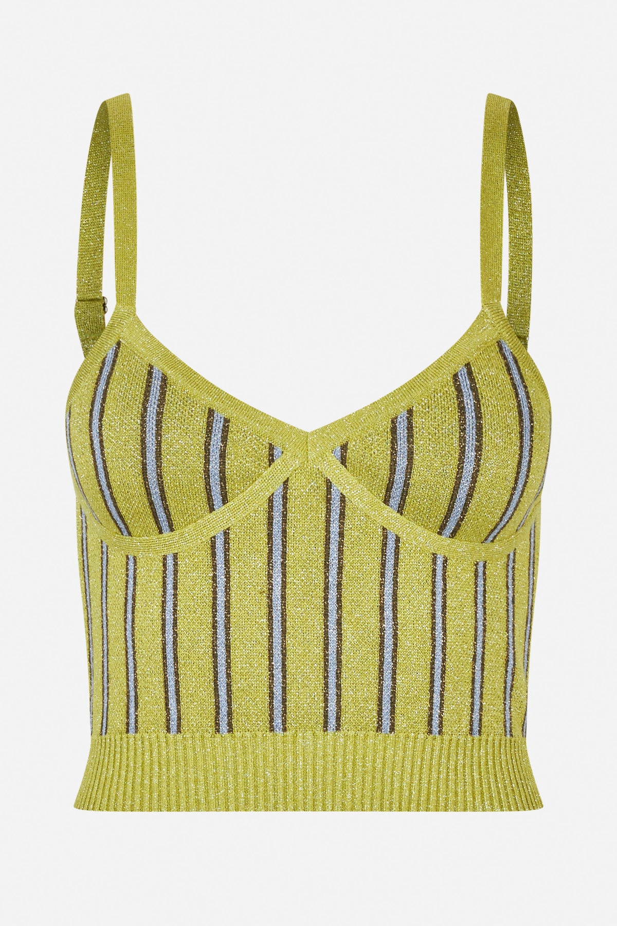 Front view of a lime-green knitted camisole with thin straps, a V-neckline, crossed bust bands and narrow blue-gray vertical stripes.