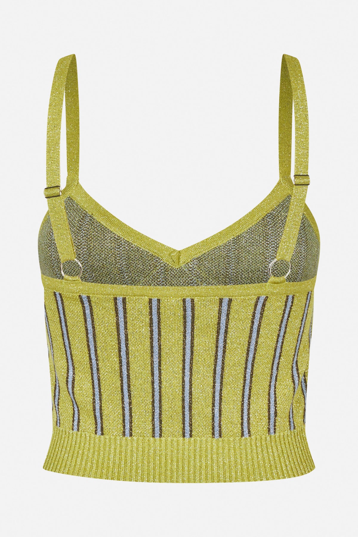 Front view of a lime-green metallic knit camisole with a V neckline, adjustable straps, ring details and vertical silver stripes.