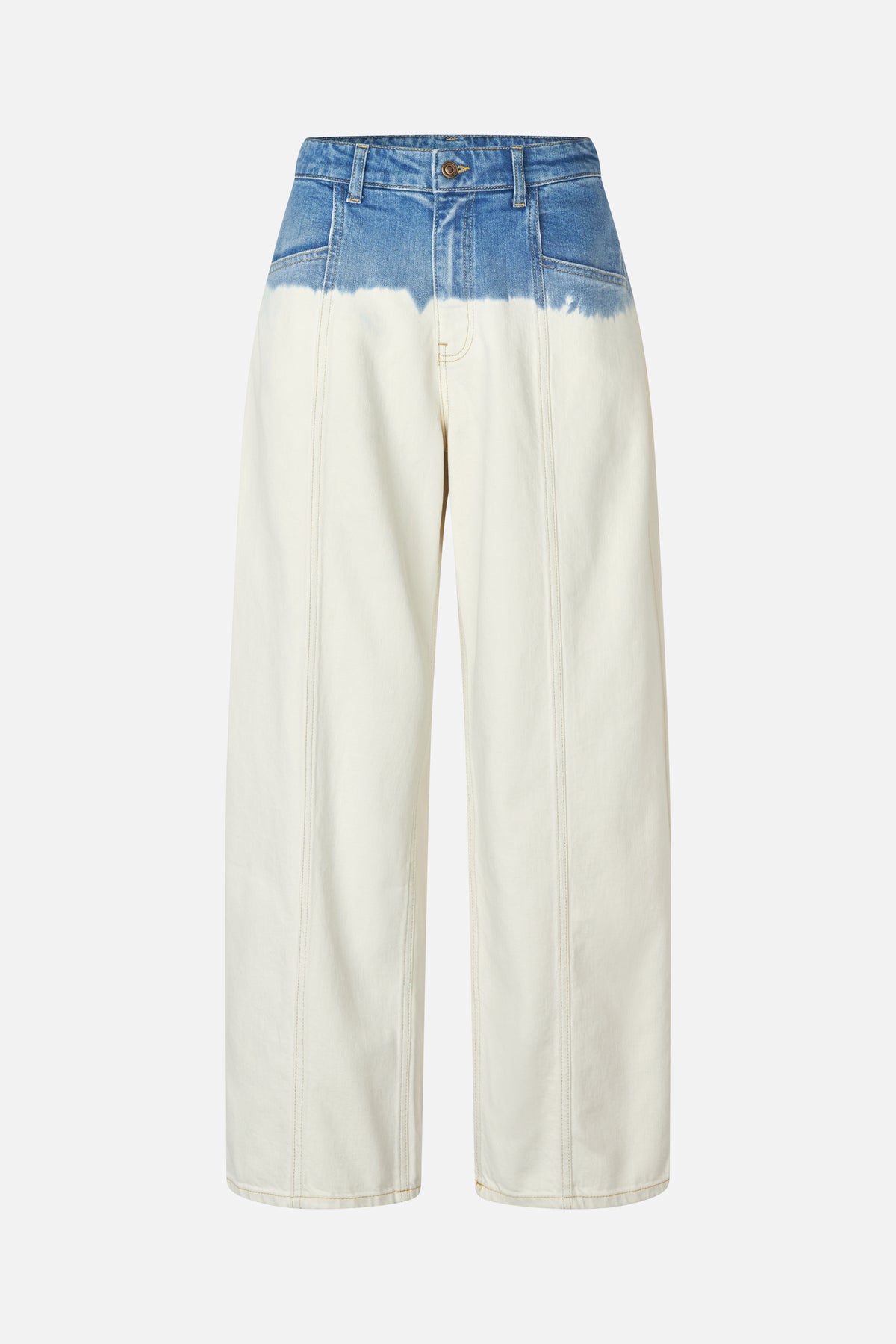 Front view of wide-leg jeans with blue denim across the waist fading into ivory legs, front pockets and contrast stitching.