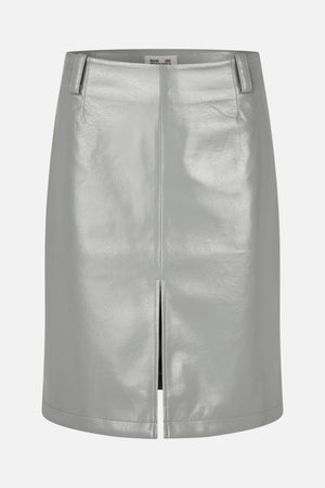 Light grey glossy skirt shown from the front, with belt loops and a centre-front slit.