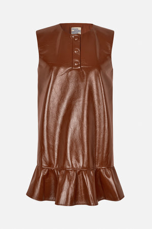 Front view of a glossy dark brown sleeveless dress with a round neckline, three front buttons and a flared ruffle hem.