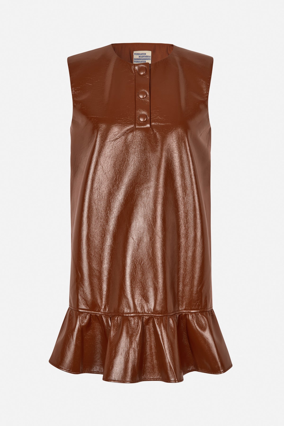 Front view of a glossy dark brown sleeveless dress with a round neckline, three front buttons and a flared ruffle hem.