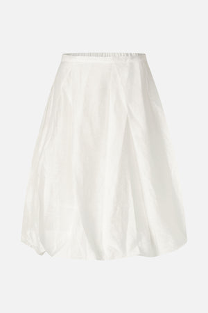 Front view of an off-white flared skirt with a gathered waistband and subtle tonal woven pattern.