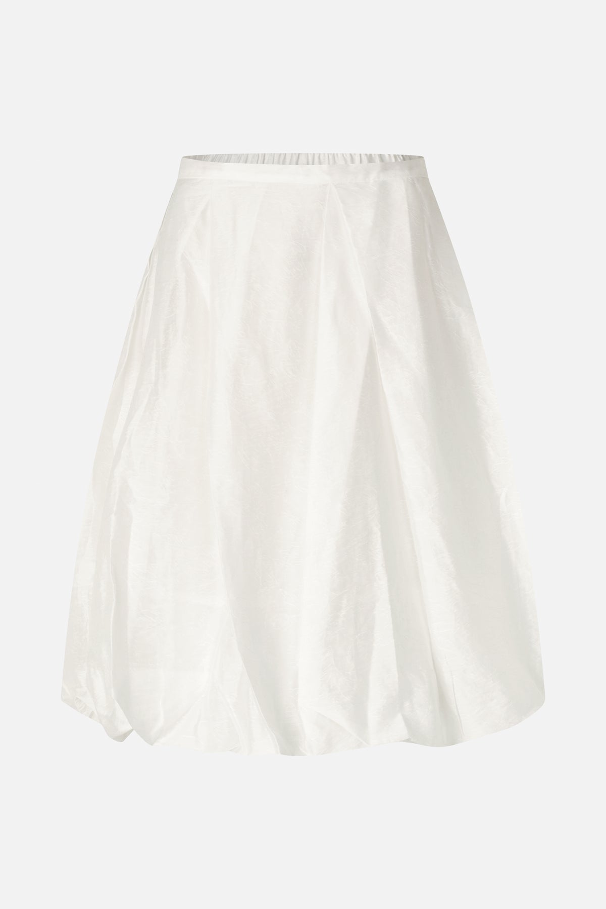Front view of an off-white flared skirt with a gathered waistband and subtle tonal woven pattern.