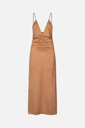 Front view of a caramel-brown maxi dress with thin straps, a deep V-neck, a crinkled texture and gathered waist