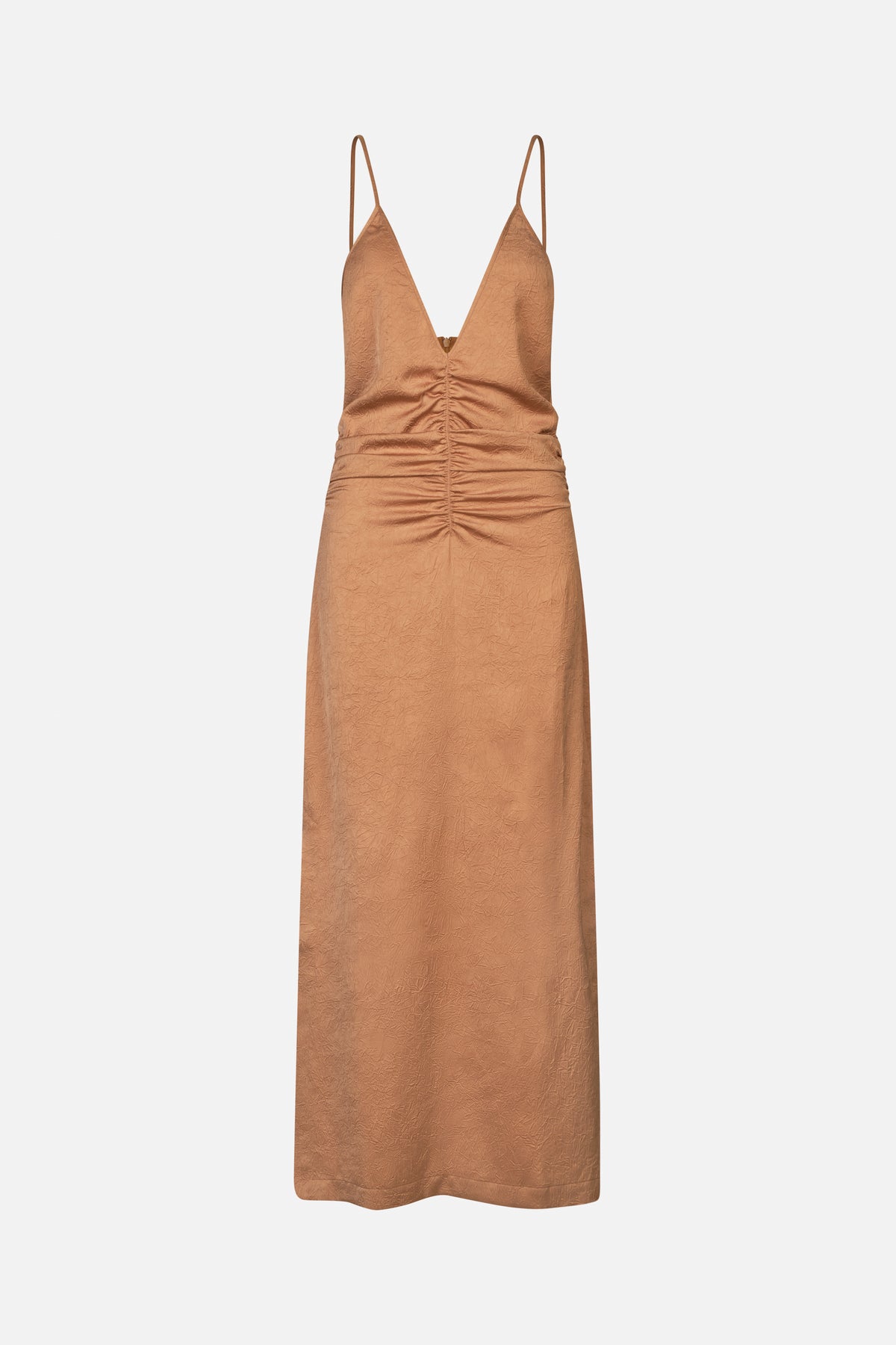 Front view of a caramel-brown maxi dress with thin straps, a deep V-neck, a crinkled texture and gathered waist