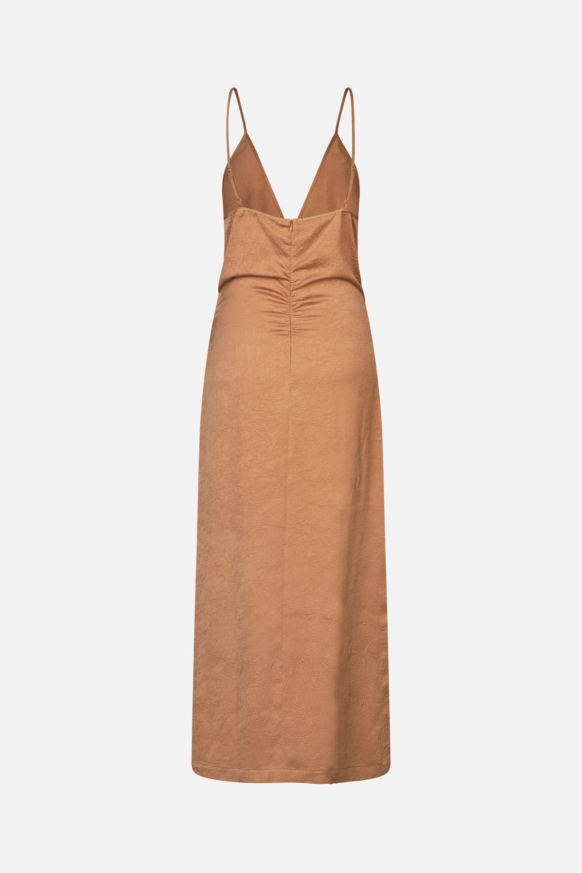 Front view of a caramel-brown midi slip dress with thin adjustable straps, a deep V neckline and crinkled texture.