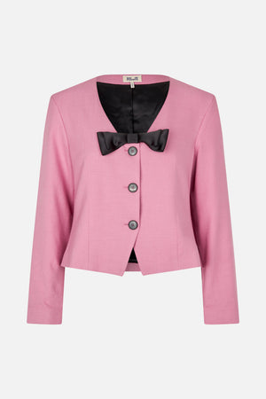 Front view of a pink tailored jacket with black satin lining, a black bow detail, and three buttons.