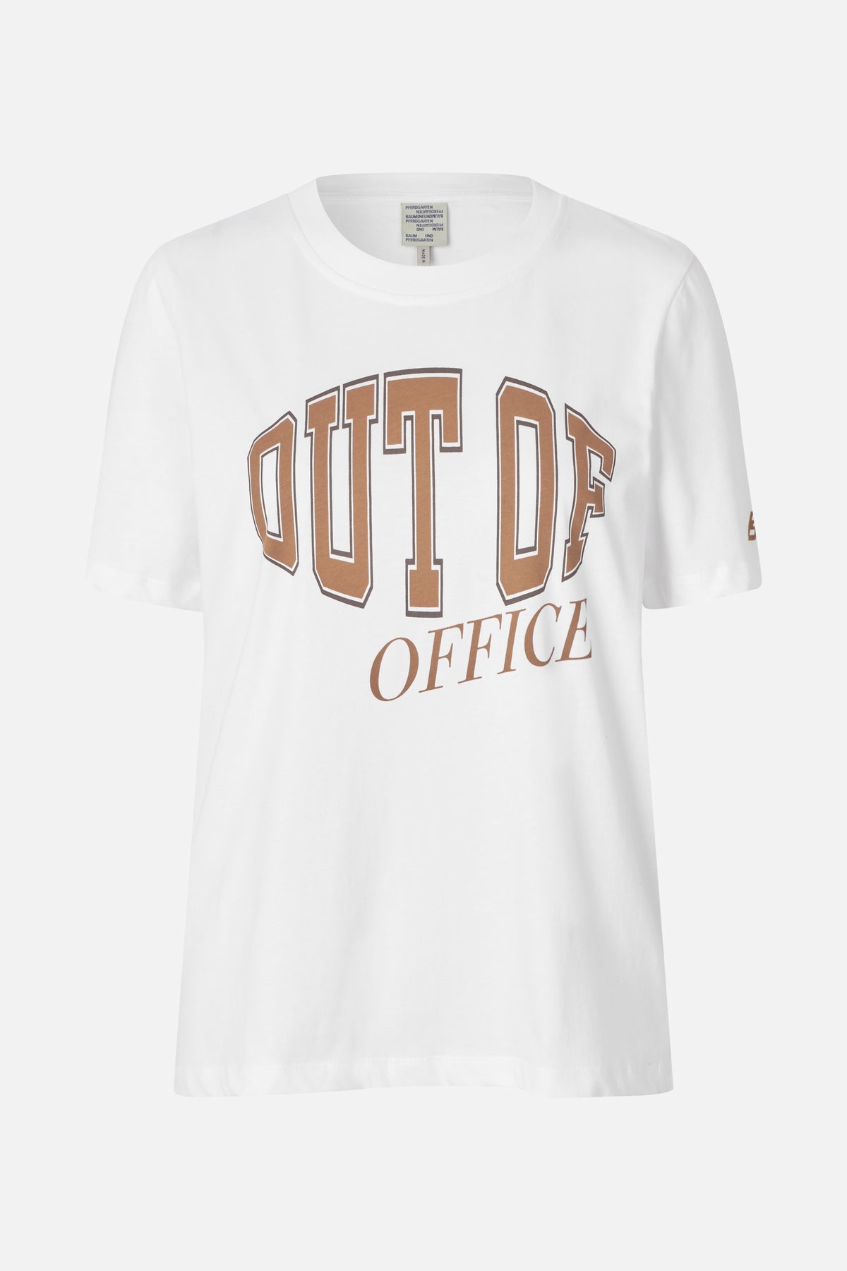White short-sleeved crew-neck T-shirt with brown outlined collegiate lettering reading “OUT OF OFFICE” on the front.