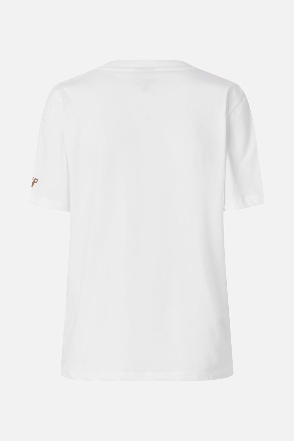 Back view of a white short-sleeved T-shirt with a small brown graphic near the sleeve hem.