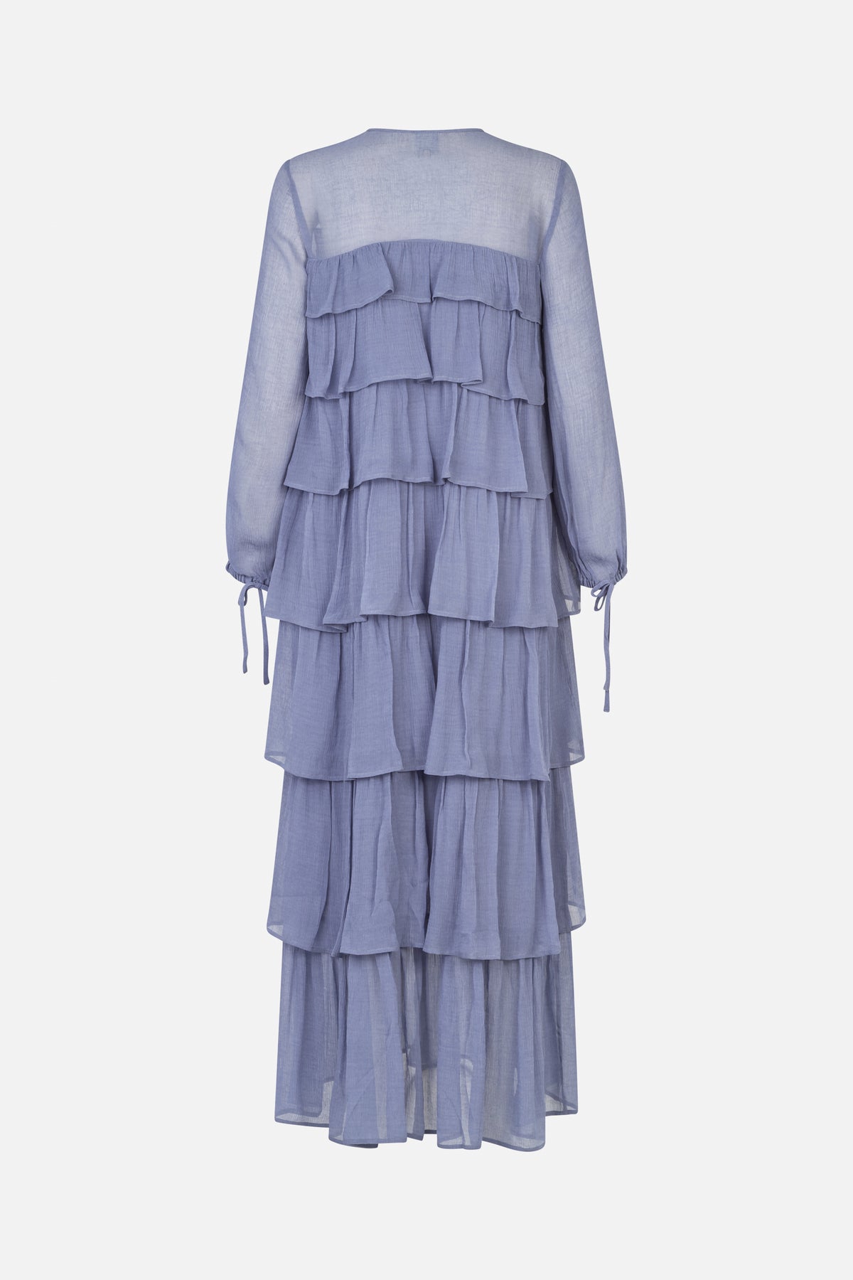 Back view of a sheer pale blue long-sleeved dress with cascading ruffle tiers and tie cuffs