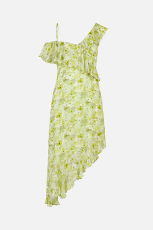 Asymmetrical one-shoulder dress with layered ruffles and a flowing hem, printed with pale green watercolor-style flowers.