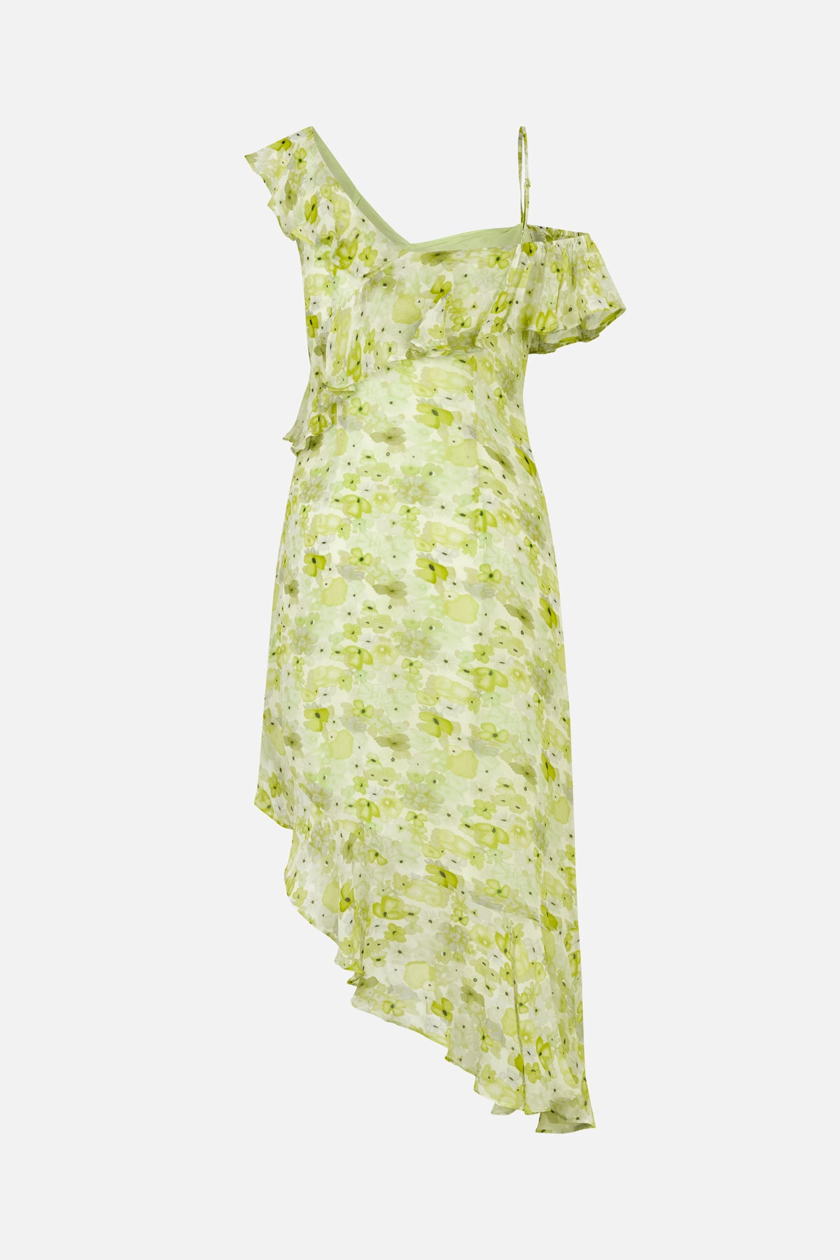 Asymmetric one-shoulder midi dress with a ruffled neckline and hem, printed with pale green watercolor flowers.