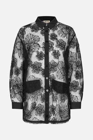Front view of a sheer black floral lace shirt with a pointed collar, button placket, chest pockets and solid cuffs.