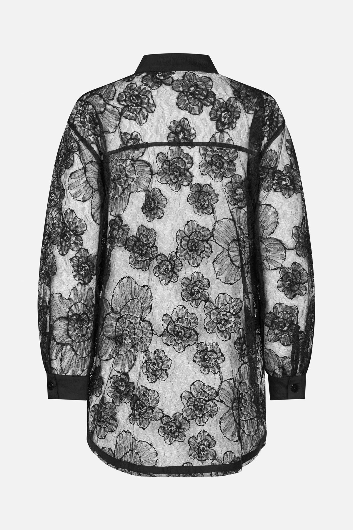 Back view of a sheer black floral lace shirt with a solid black collar, buttoned cuffs and curved hem.
