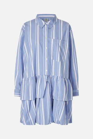 Front view of a blue-and-white vertically striped long-sleeved shirt dress with a pointed collar, button front, chest pocket and gathered waist.