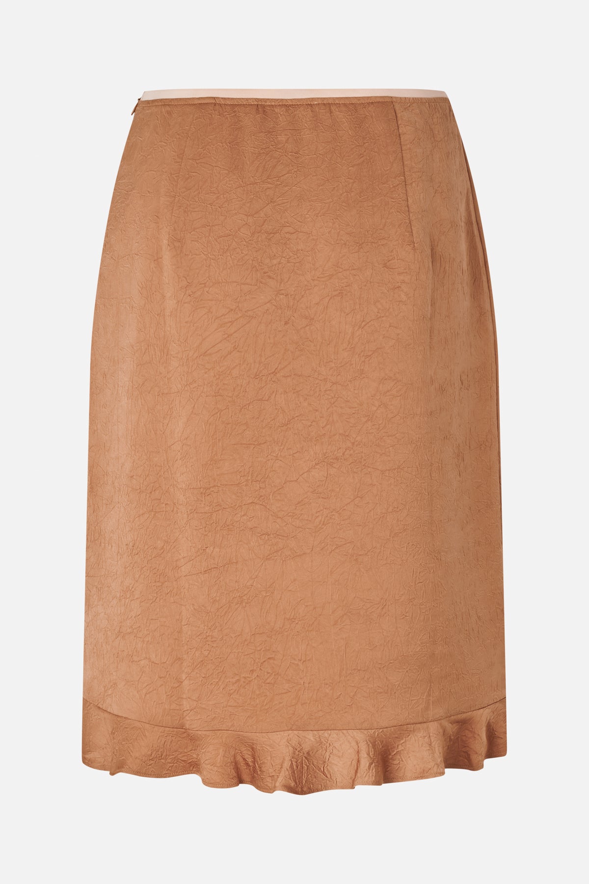 Front view of a copper-brown crinkled skirt with a narrow waistband and flounced hem.