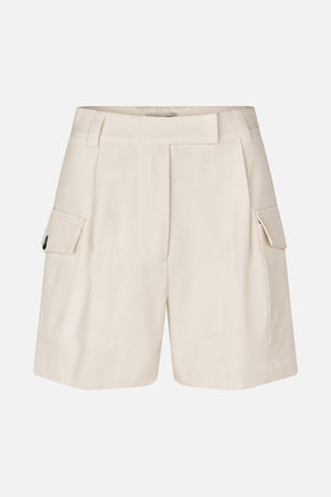 Front view of off-white knee-length shorts with a wide waistband, belt loops, and large flap cargo pockets.