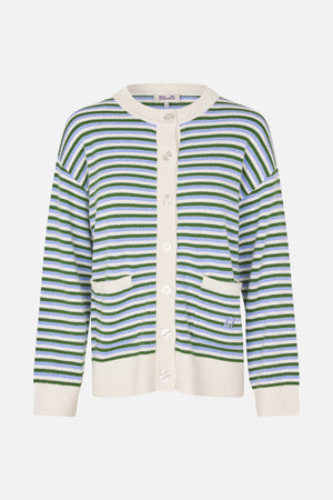 Front view of a cream knitted cardigan with green and light blue horizontal stripes, button closure, ribbed trim, and two front pockets.