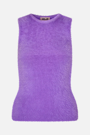 Front view of a lilac-purple sleeveless fuzzy knit top with a rounded neckline and straight hem.