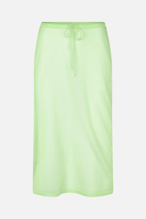 Pale lime green straight skirt with a drawstring waist and fine mesh-like texture, shown from the front.