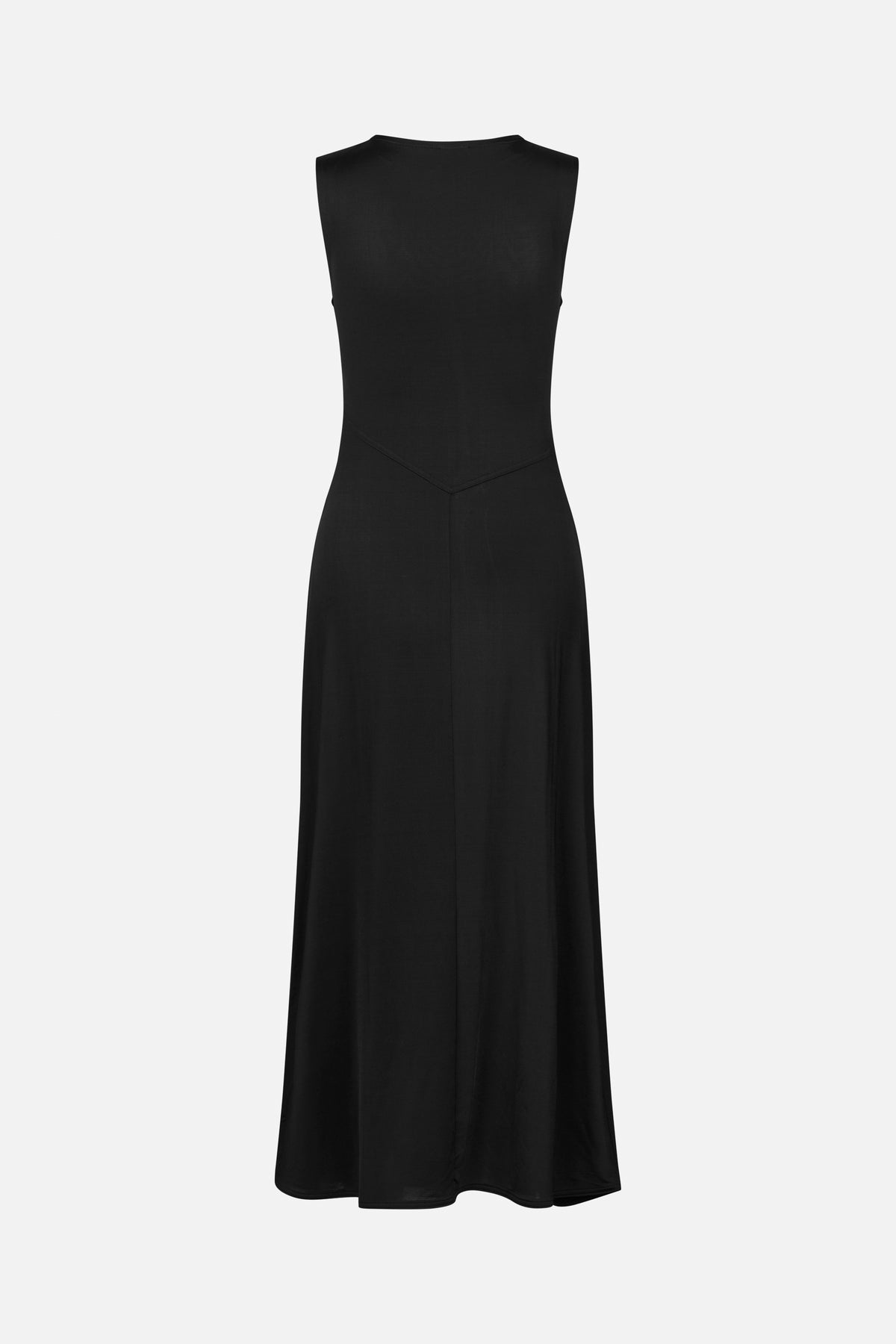 Back view of a black sleeveless maxi dress with a fitted waist and angled seam detail.