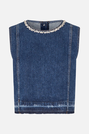Front view of a dark blue sleeveless denim top with contrast stitching and a sparkling embellished round neckline