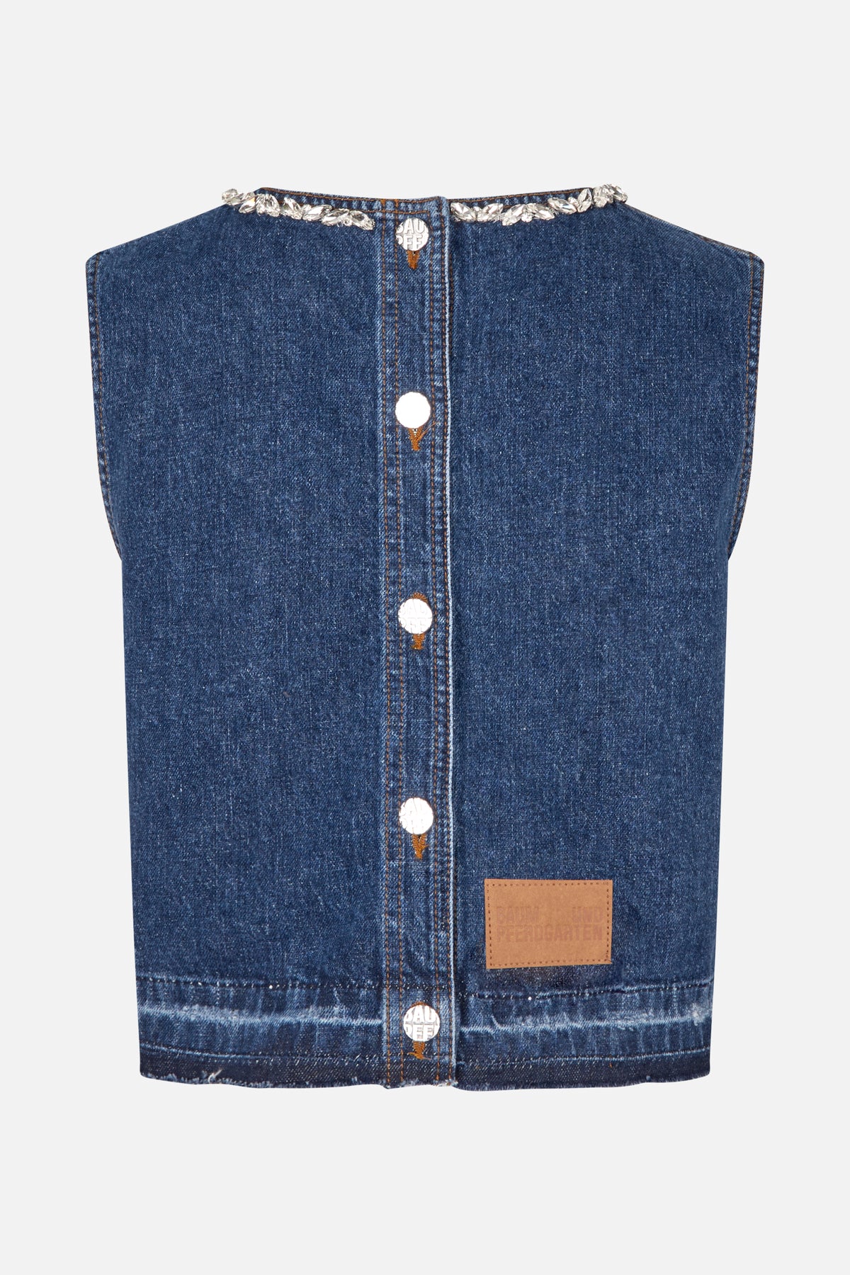 Front view of a dark blue denim sleeveless top with a jeweled neckline, contrasting seams and logo buttons.