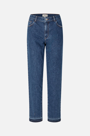 Front view of dark blue straight-leg jeans with faded denim texture, orange contrast stitching, belt loops and curved front pockets.