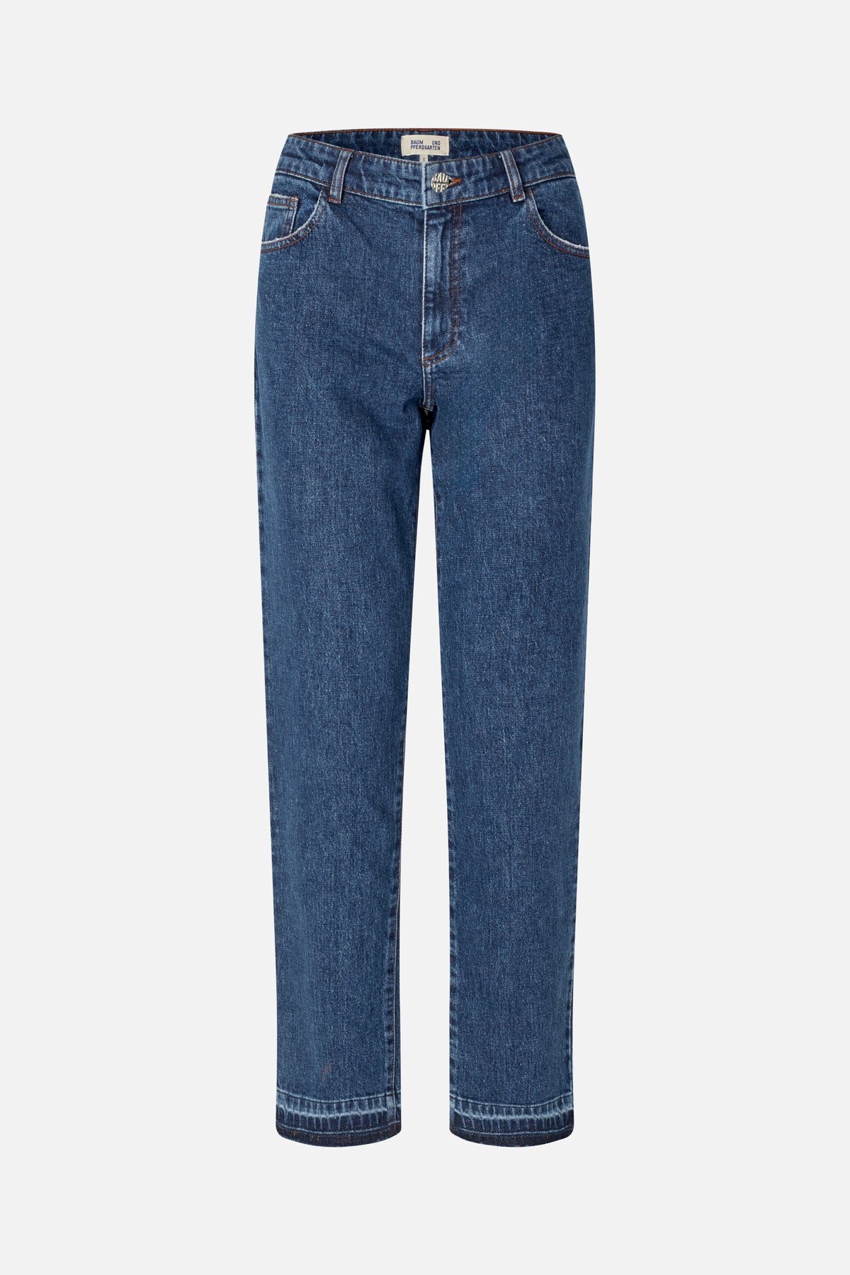 Front view of dark blue straight-leg jeans with faded denim texture, orange contrast stitching, belt loops and curved front pockets.
