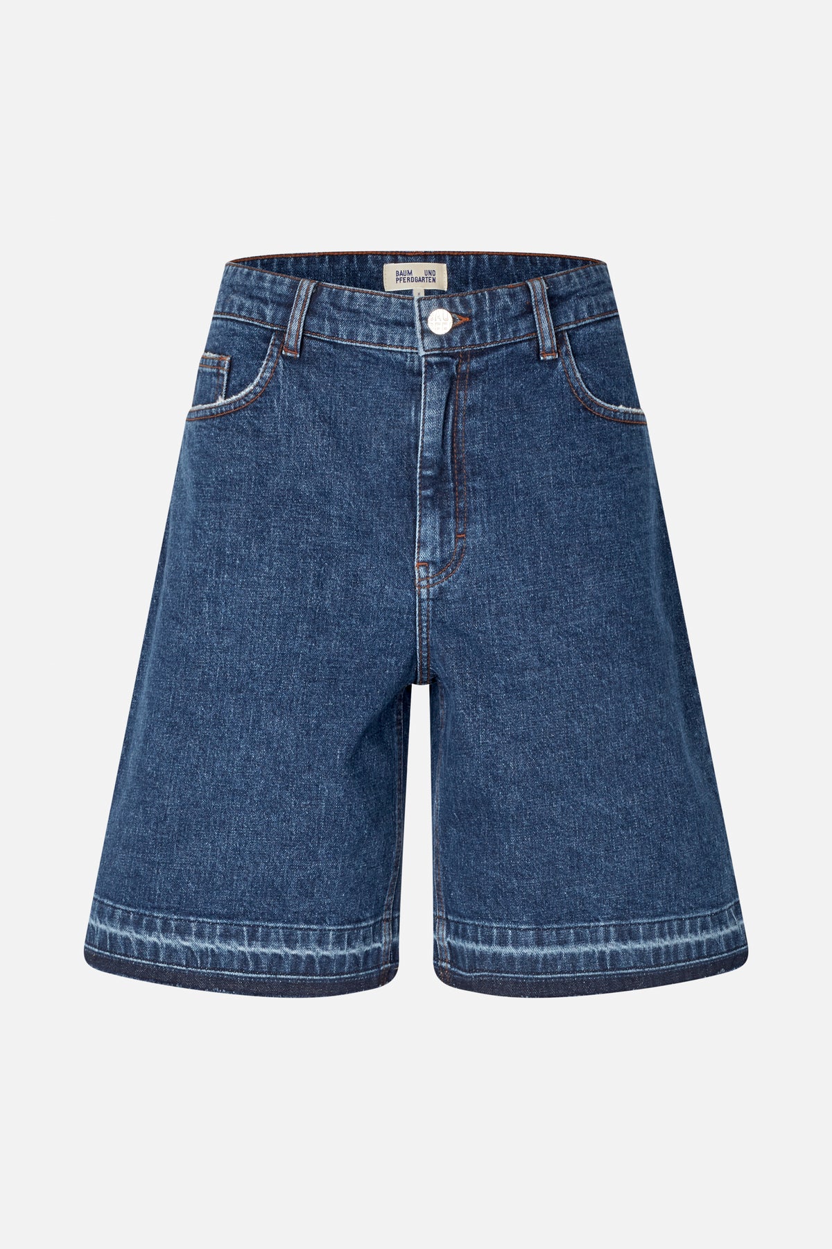 Front view of dark blue wide-leg denim shorts with orange contrast stitching, belt loops, front pockets and faded hems.