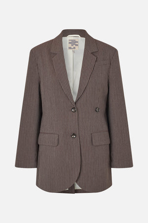Front view of a brown blazer with fine white pinstripes, notched lapels, three buttons and two flap pockets.