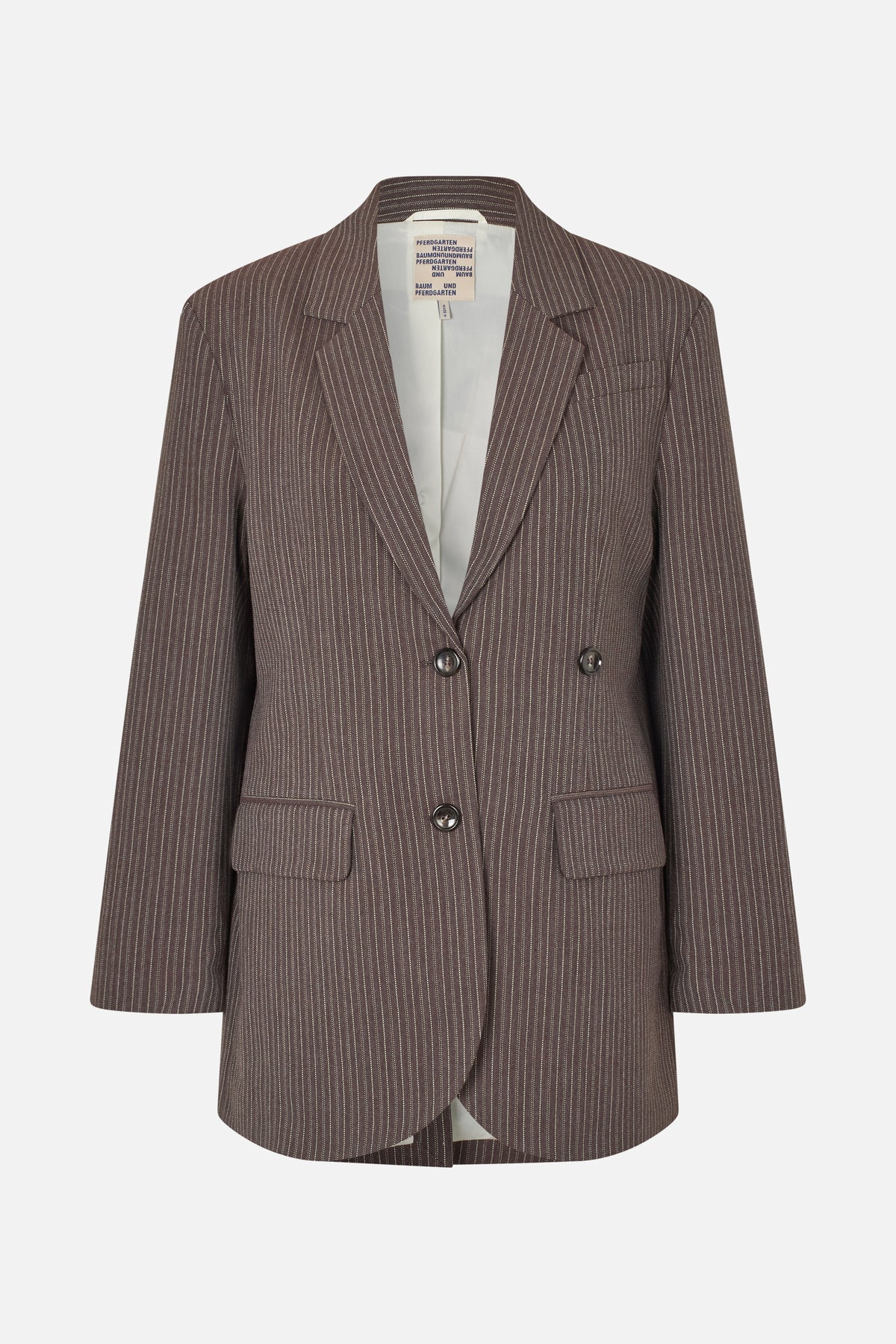 Front view of a brown blazer with fine white pinstripes, notched lapels, three buttons and two flap pockets.