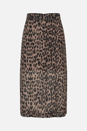 Close front view of a taupe pencil skirt with an all-over black animal print, waistband, belt loops and vertical seams