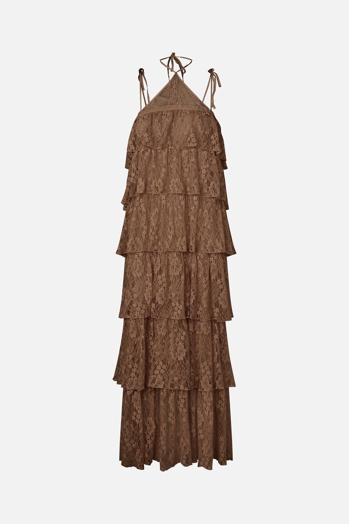 Long brown floral lace halter dress with tie straps and cascading tiered ruffles, shown from the front.