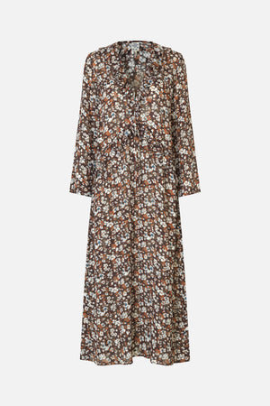 Front view of a long-sleeved maxi dress with a brown-based floral print, ruffled front trim and tie fastening.