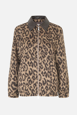Front view of a beige and dark brown animal-print jacket with a dark leather-look collar, zip front and chest pocket.