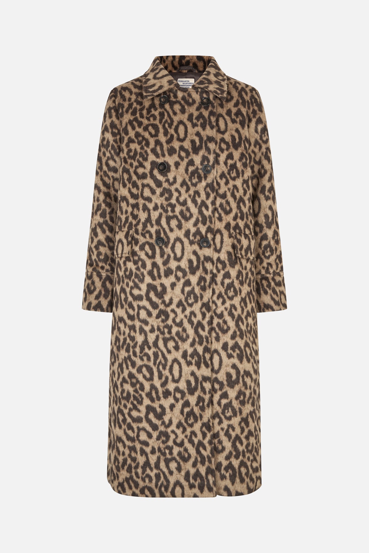 Front view of a long beige and dark brown leopard-print coat with a wide collar, double-breasted buttons and side pockets.