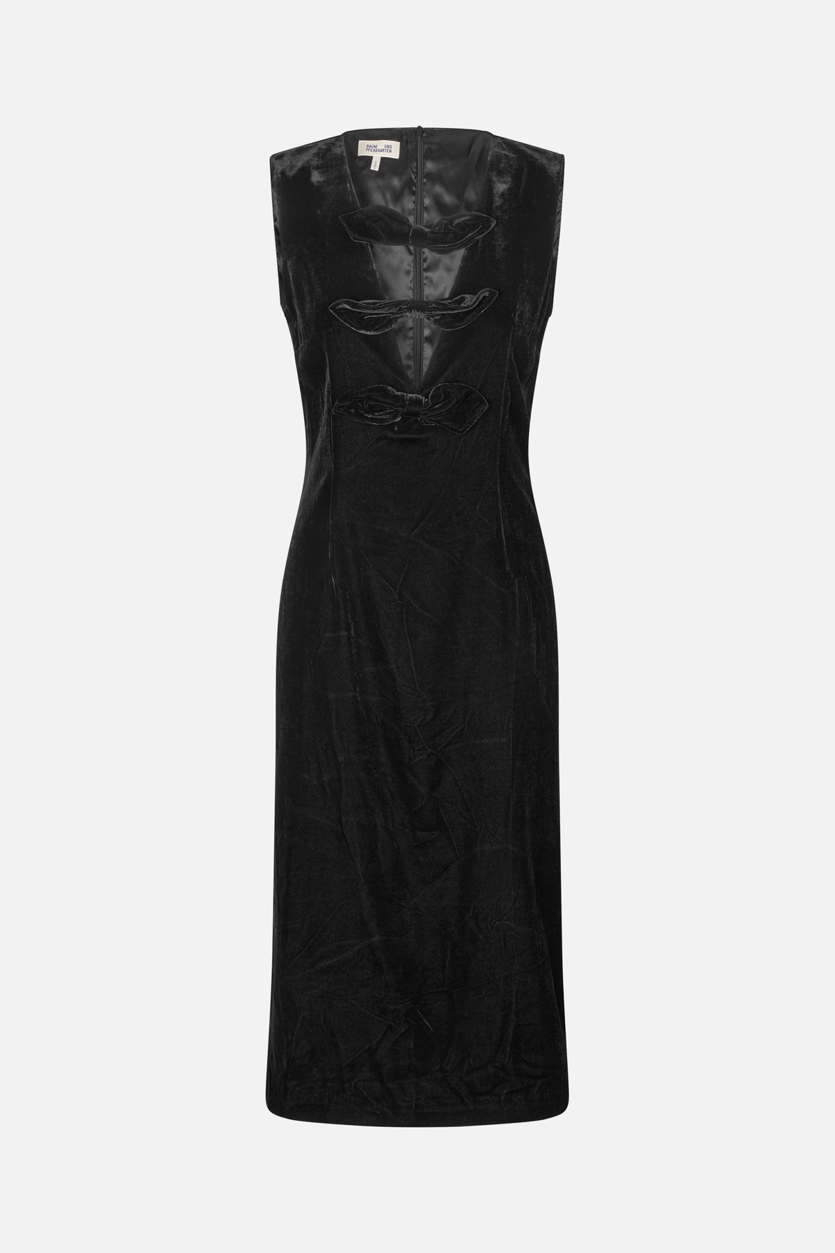 Front view of a long black sleeveless velvet dress with a fitted waist, three bow closures and a central zipper.
