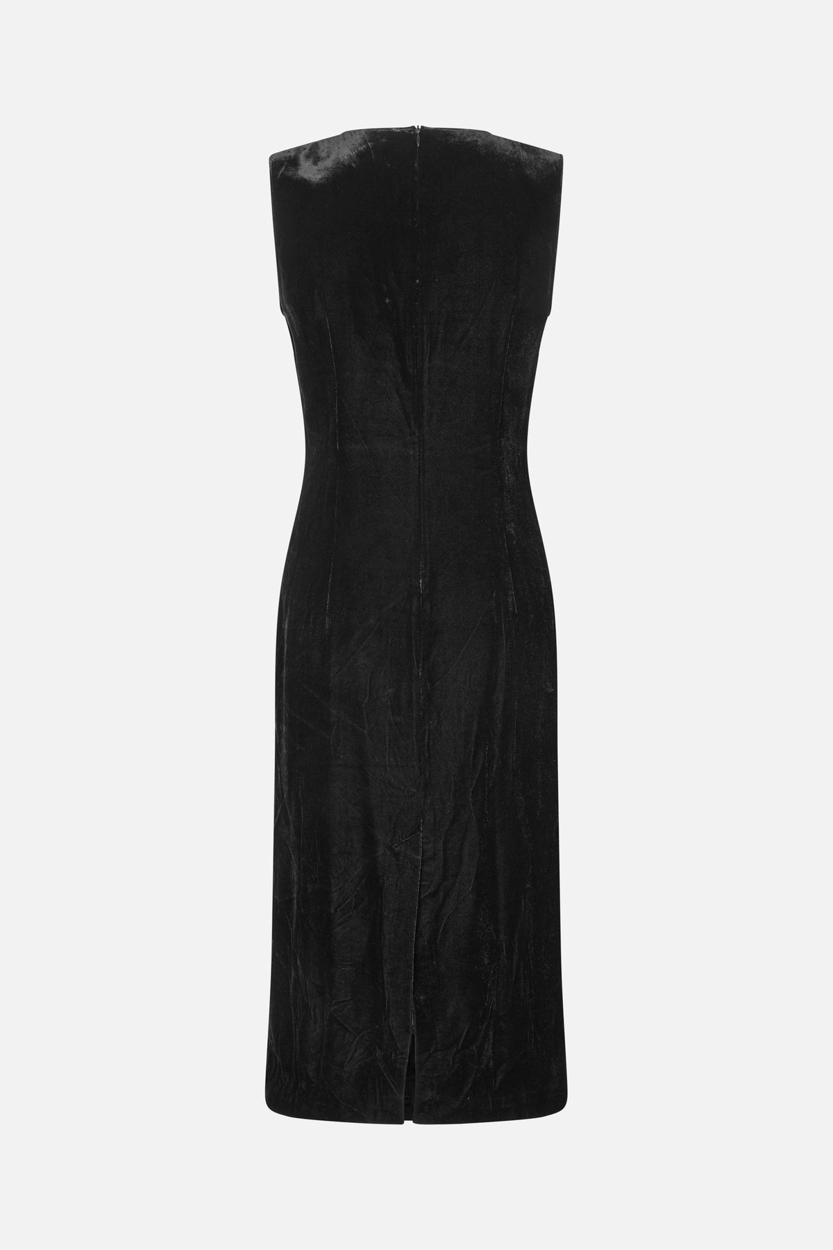 Back view of a black sleeveless long dress with a fitted waist, center-back zipper and hem slit.