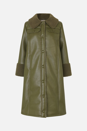 Front view of an olive-green button-front coat with a plush brown collar, wide cuffs and two flap chest pockets.