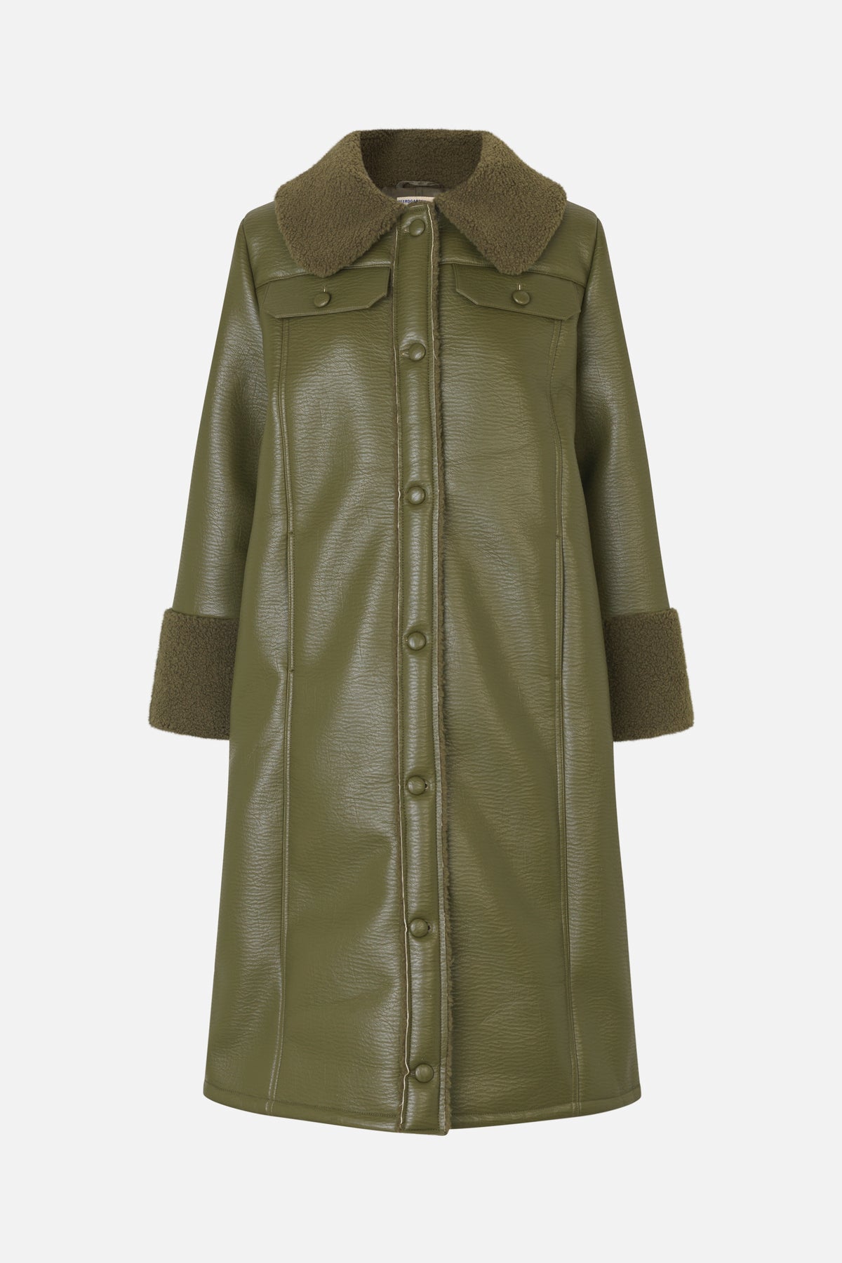 Front view of an olive-green button-front coat with a plush brown collar, wide cuffs and two flap chest pockets.