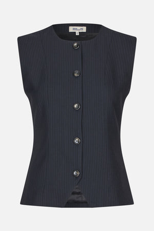 Front view of a charcoal pinstripe sleeveless vest with a round neckline, fitted waist and dark buttons.