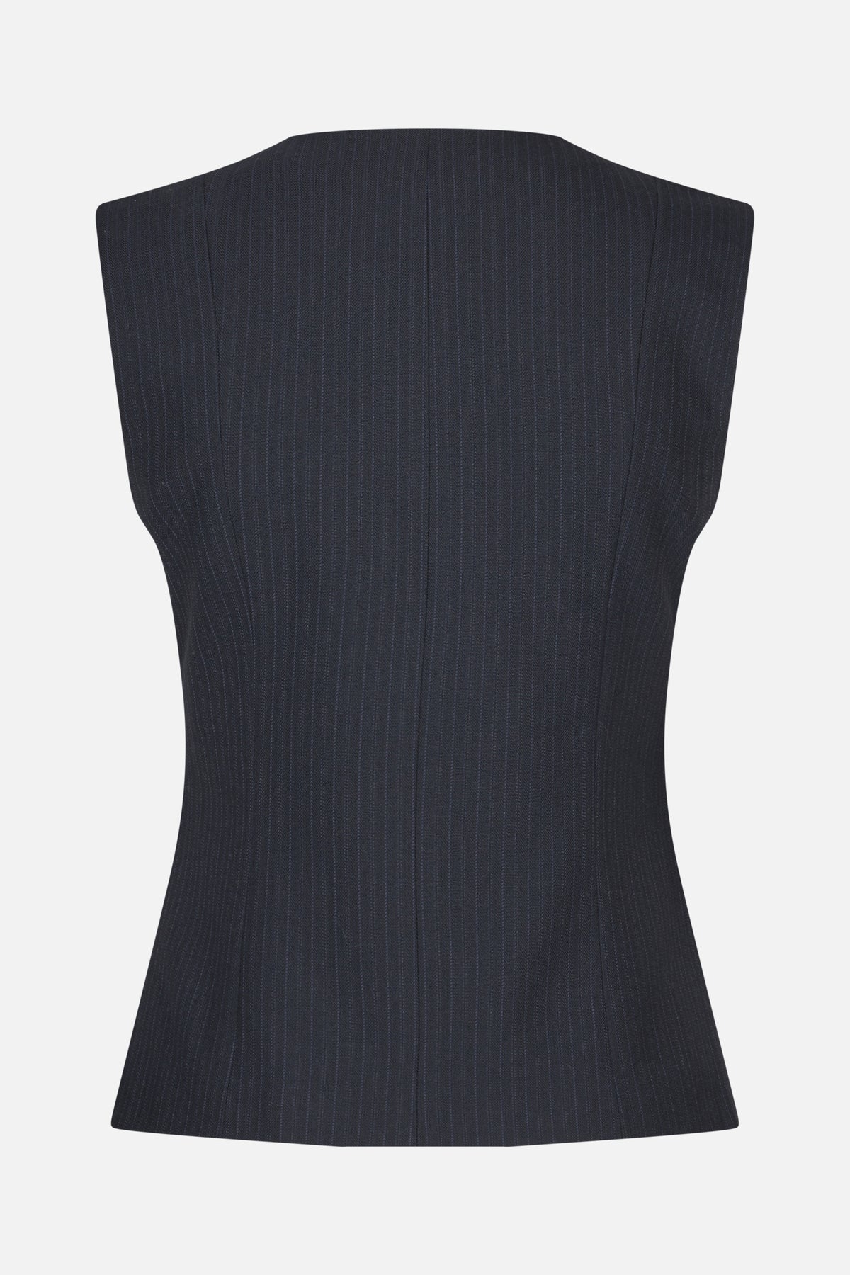 Front view of a sleeveless, square-neck tailored top in dark charcoal with fine vertical pinstripes and a flared hem.