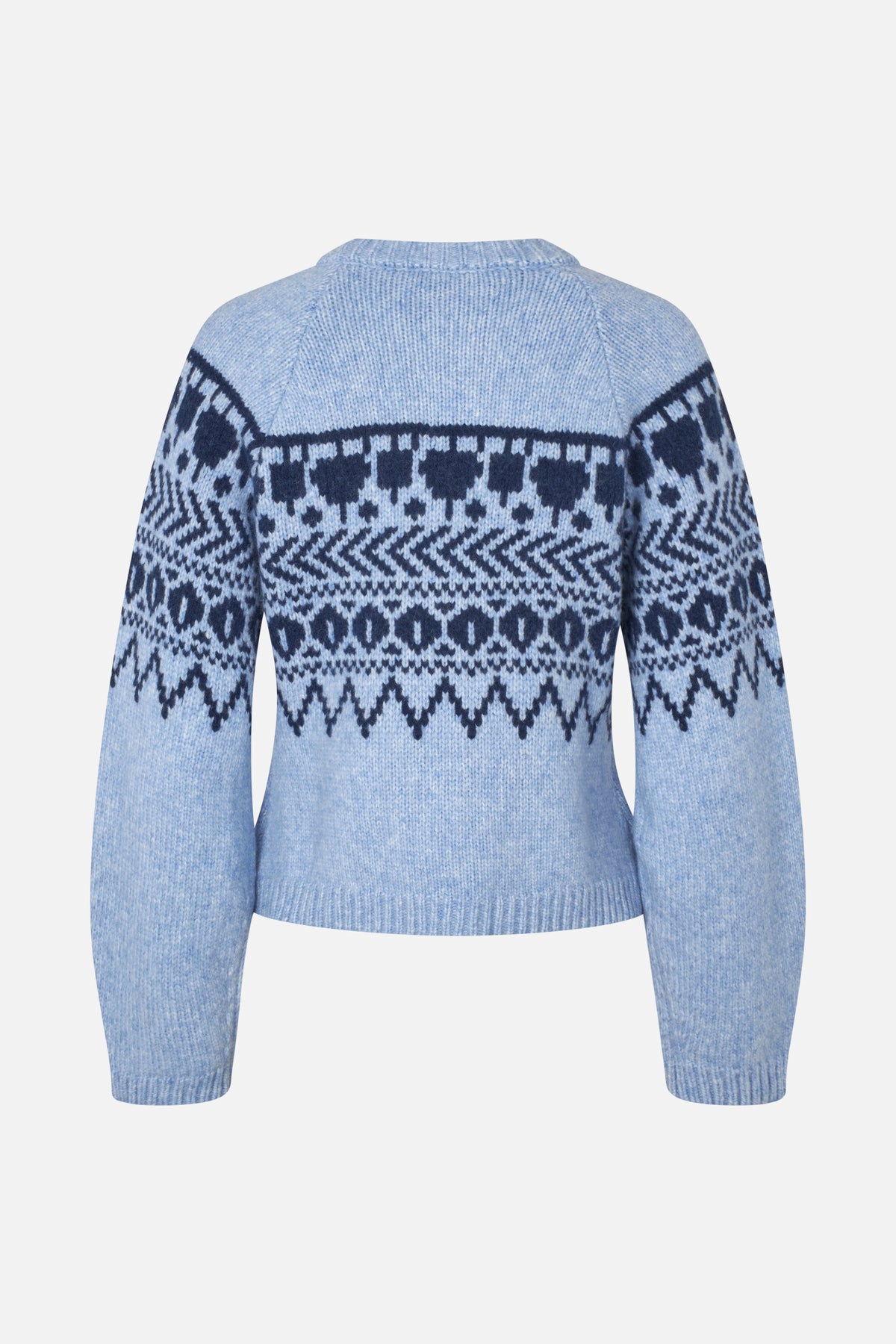 Back view of a pale blue knit sweater with long sleeves, a ribbed crew neck, and navy geometric patterning across the shoulders and sleeves.