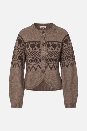 Front view of a brown patterned knit cardigan with a round neckline, long sleeves, ribbed trim and large buttons.