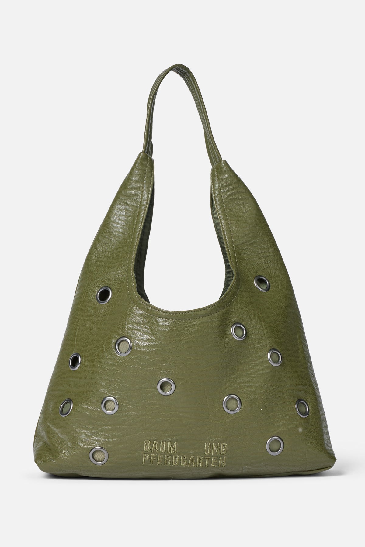 Olive green shoulder bag with a pebbled texture, silver eyelets and embroidered Baum und Pferdgarten logo, shown from the front.